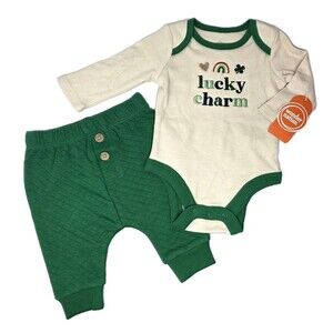 St Patricks Embroidered 2pc Lucky Charm Bodysuit Pant Set Long Sleeve Green 24M